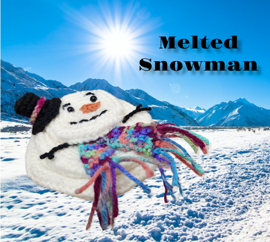 Melted snowman decoration with a black hat and variegated scarf  displayed on a snowy mountain background