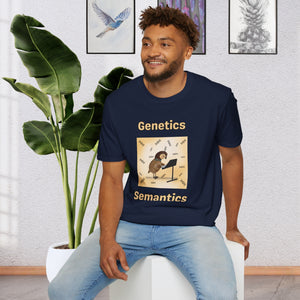 A man sitting on a stool wearing a Navy Blue T-shirt that says Genetics Semantics.  It has a picture of a quail standing in front of a music stand with DNA strands all around it with a creamy Ombre background