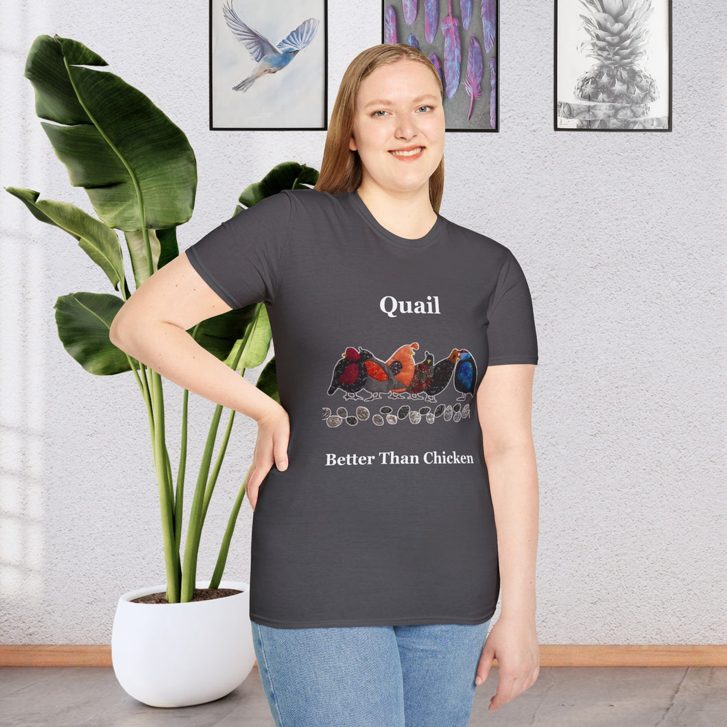 A Girl standing in a room with a plant and paintings on the wall wearing a Charcoal Grey t-shirt that says Quail Better Than Chicken on the front with a line of quail that look as if they are quilted in the front middle of the shirt