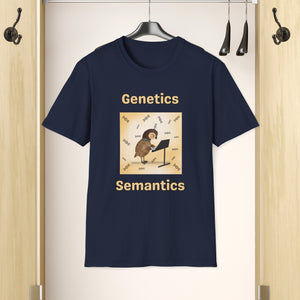 A Navy Blue T-shirt hanging in a closet that says Genetics Semantics. It has a picture of a quail standing in front of a music stand with DNA strands all around it with a creamy Ombre background