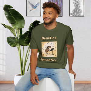 A man sitting on a stool wearing a Military Green T-shirt that says Genetics Semantics. It has a picture of a quail standing in front of a music stand with DNA strands all around it with a creamy Ombre background
