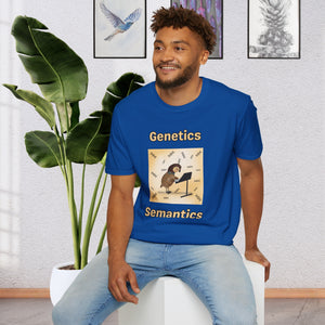 A man sitting on a stool wearing a Royal Blue T-shirt that says Genetics Semantics. It has a picture of a quail standing in front of a music stand with DNA strands all around it with a creamy Ombre background