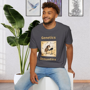A man sitting on a stool wearing a Charcoal T-shirt that ssys Genetics Semantics. It has a picture of a quail standing in front of a music stand with DNA strands all around it with a creamy Ombre background