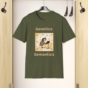 A Military Green T-shirt hanging in a closet that says Genetics Semantics. It has a picture of a quail standing in front of a music stand with DNA strands all around it with a creamy Ombre background