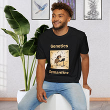 A man sitting on a stool wearing a Black T-shirt that says Genetics Semantics. It has a picture of a quail standing in front of a music stand with DNA strands all around it with a creamy Ombre background