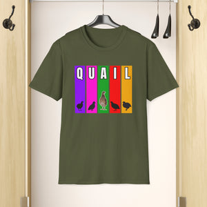 A Military Green T-Shirt Hanging in a closet featuring multi-color verticle stripes in Purple, Pink, Green, Red, and Yellow. Each vertical stripe has a letter of the word quail at the top, It has silhouettes of Coturnix Quail, along with one in full color that is standing tall in the center of the graphic.