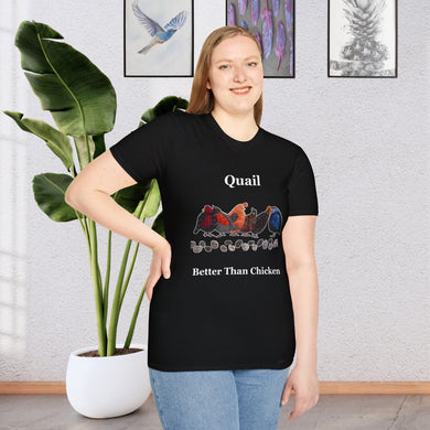 A Girl standing in a room with a plant and paintings on the wall wearing a Black t-shirt that says Quail Better Than Chicken on the front with a line of quail that look as if they are quilted in the front middle of the shirt
