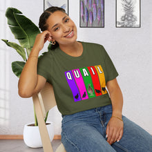 A girl seated in a chair by a plant wearing a Military Green T-Shirt features multi-color verticle stripes in Purple, Pink, Green, Red, and Yellow. Each vertical stripe has a letter of the word quail at the top, It has silhouettes of Coturnix Quail, along with one in full color that is standing tall in the center of the graphic.