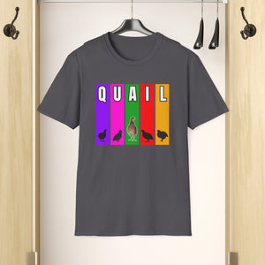 A Charcoal T-Shirt Hanging in a closet featuring multi-color verticle stripes in Purple, Pink, Green, Red, and Yellow. Each vertical stripe has a letter of the word quail at the top, It has silhouettes of Coturnix Quail, along with one in full color that is standing tall in the center of the graphic.