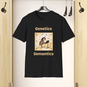 A Black T-shirt hanging in a closet that says Genetics Semantics. It has a picture of a quail standing in front of a music stand with DNA strands all around it with a creamy Ombre background
