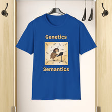A Royal Blue T-shirt hanging in a closet that says Genetics Semantics. It has a picture of a quail standing in front of a music stand with DNA strands all around it with a creamy Ombre background