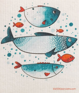 A Swedish Dishcloth featuring a Blue Fish Family