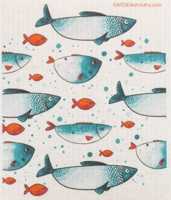 A Swedish dishcloth featuring a school of Blue and red fish