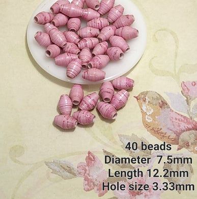 40 Handmade Paper Beads Pimk & White Varigated
